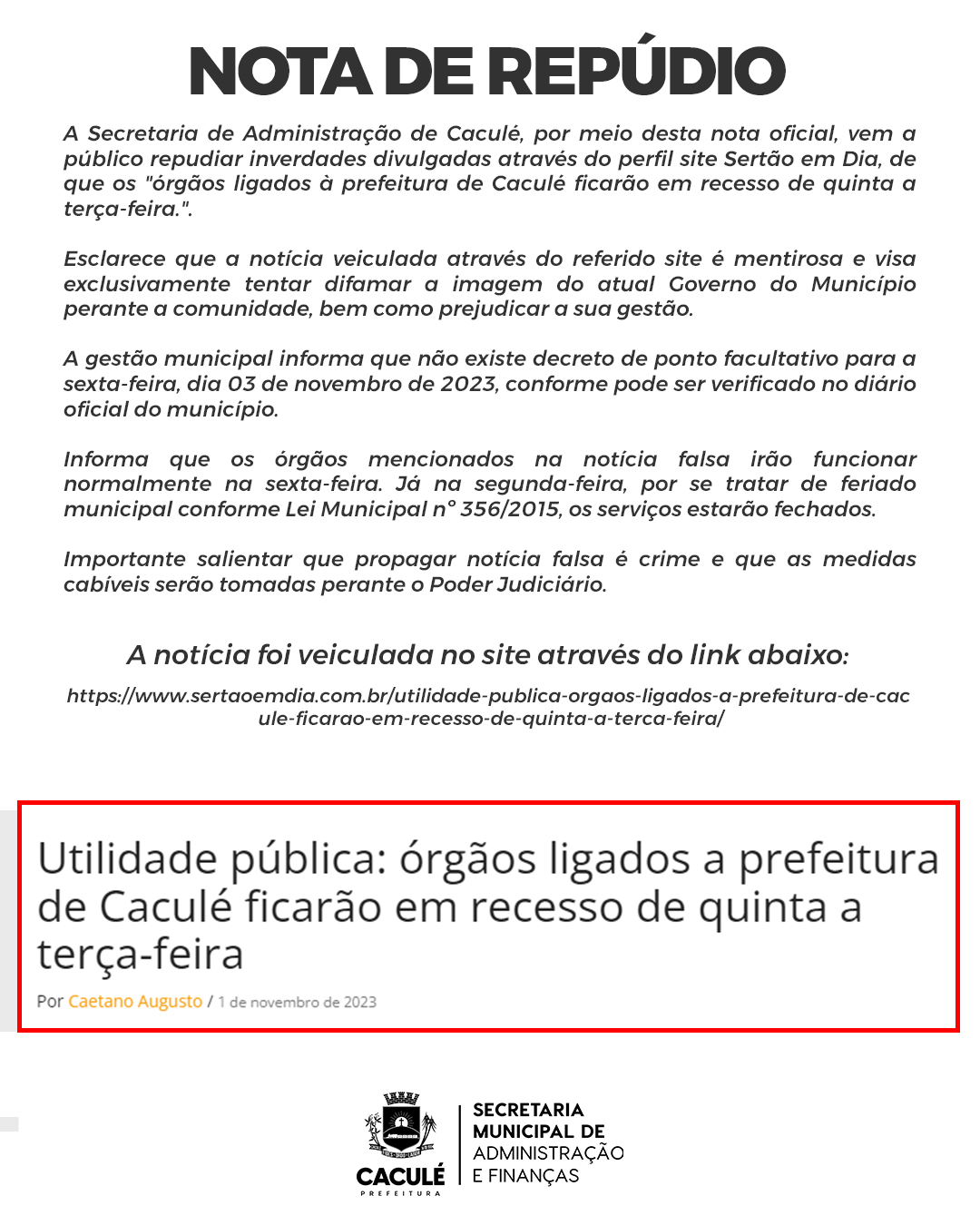 NOTA DE REPÚDIO - NOTÍCIA FALSA PROPAGADA PELO SITE SERTÃO EM DIA
